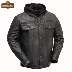 M050 Biker Black Hood Motorcycle Coat Latest Men's Real Leather Jacket