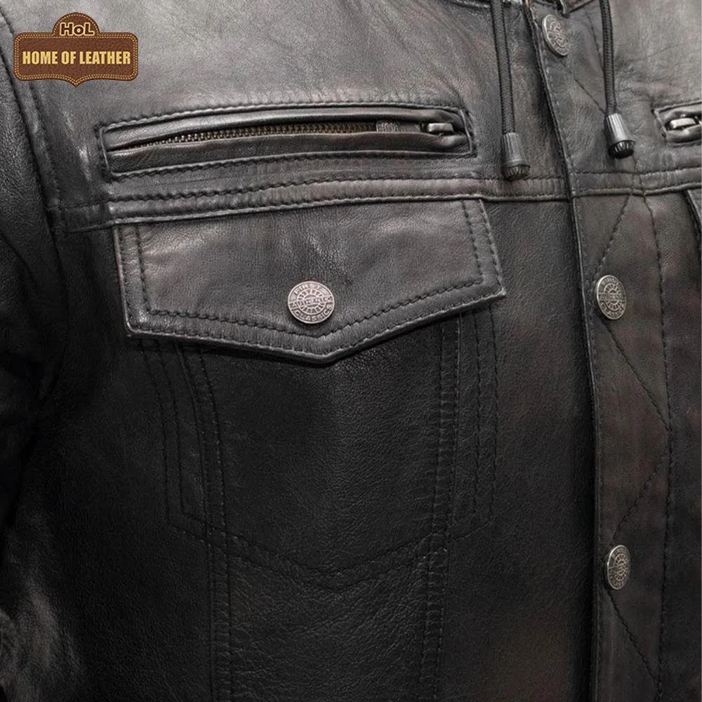 M050 Biker Black Hood Motorcycle Coat Latest Men's Real Leather Jacket