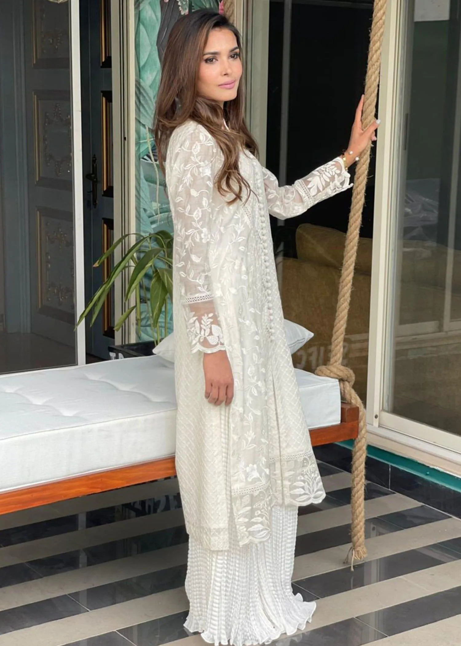 Maheen Trends - Blooms - White - 3 Piece - Cotton Net & Organza
