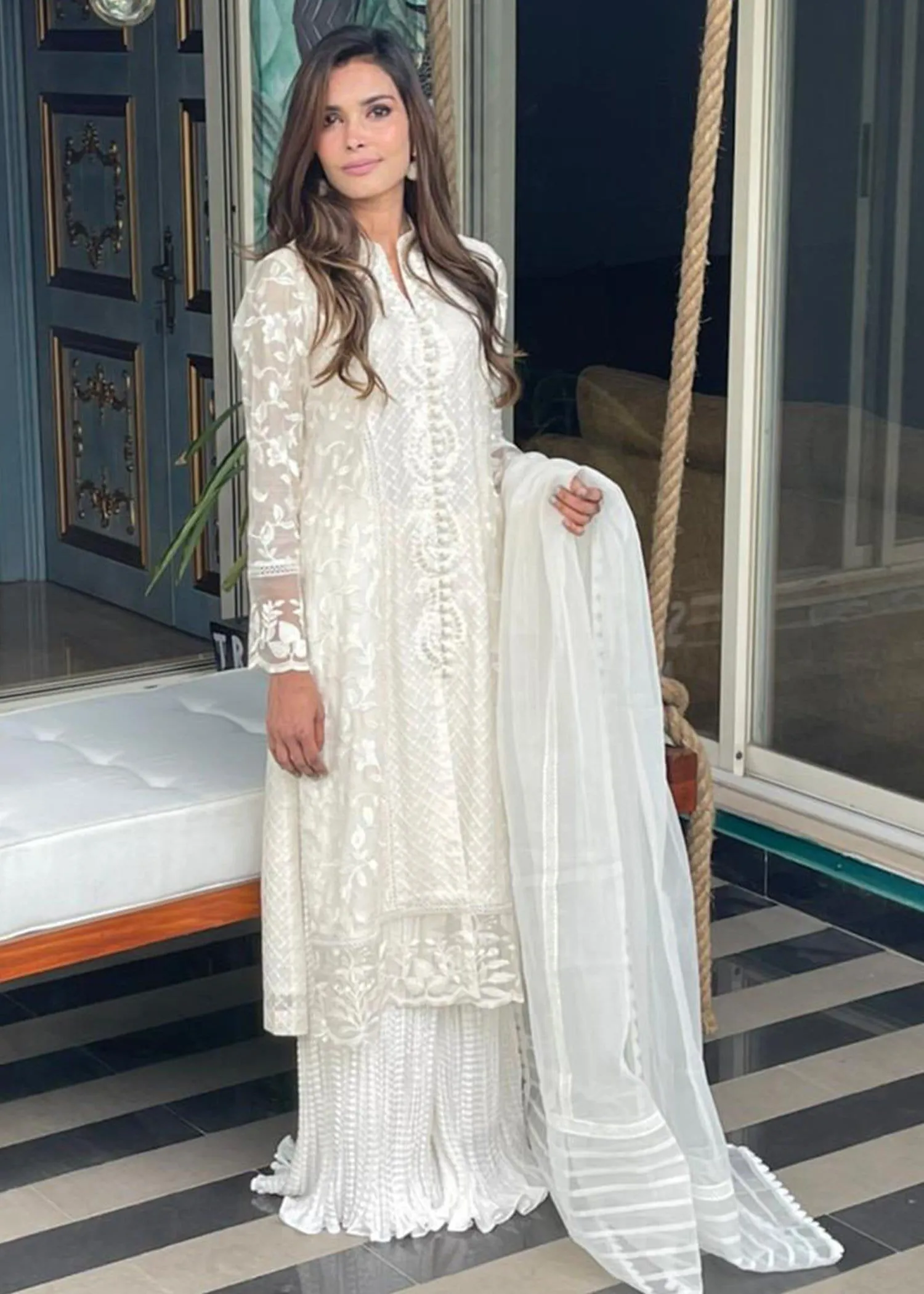 Maheen Trends - Blooms - White - 3 Piece - Cotton Net & Organza