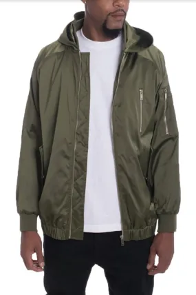 Man's Olive Satin Hooded Bomber Jacket