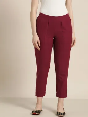 Maroon Cotton Slub Bottom-Fold Straight Pants