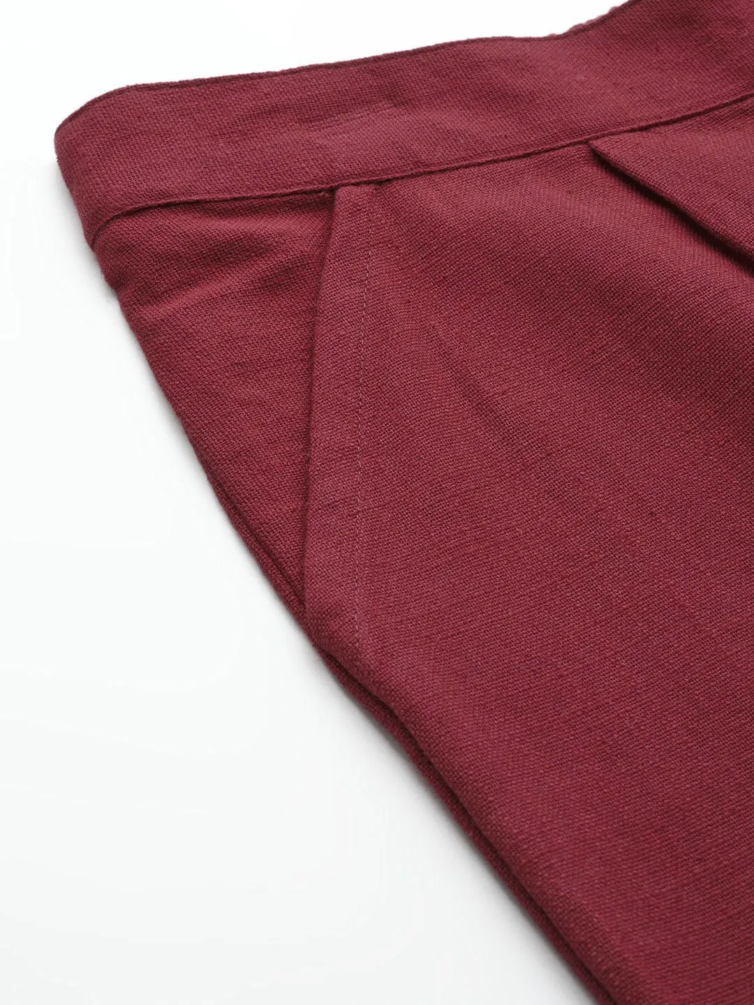 Maroon Cotton Slub Bottom-Fold Straight Pants
