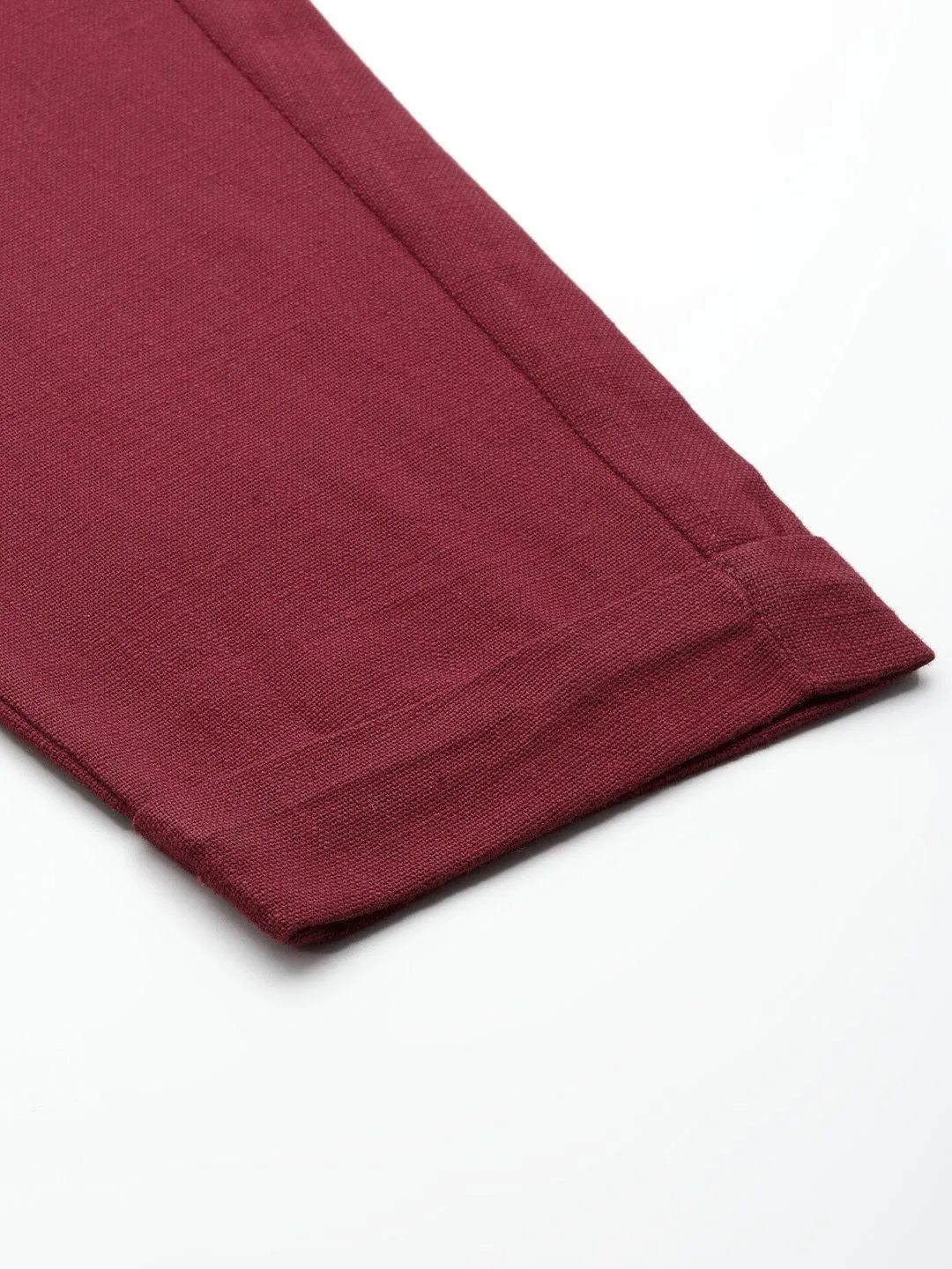 Maroon Cotton Slub Bottom-Fold Straight Pants
