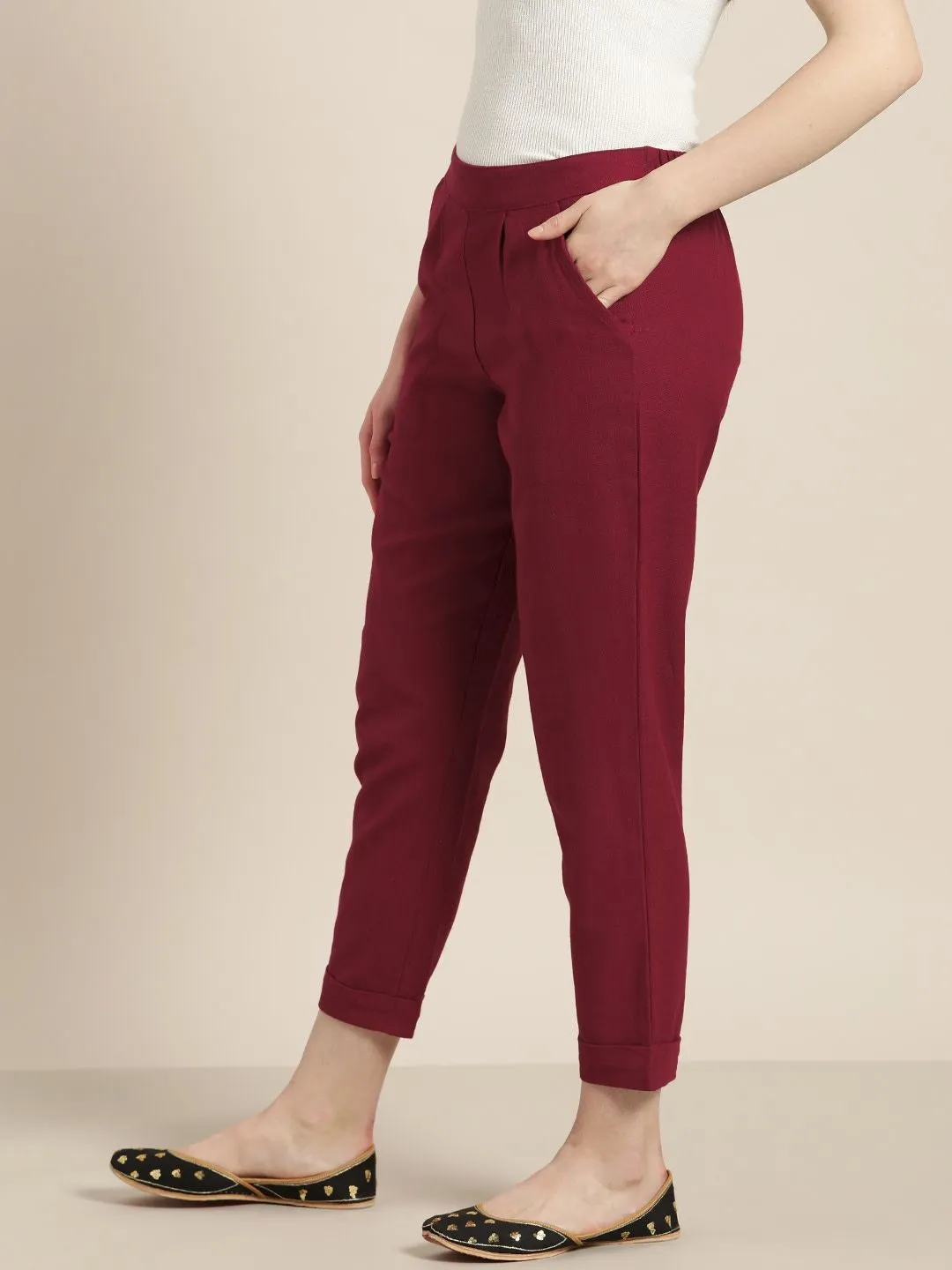 Maroon Cotton Slub Bottom-Fold Straight Pants