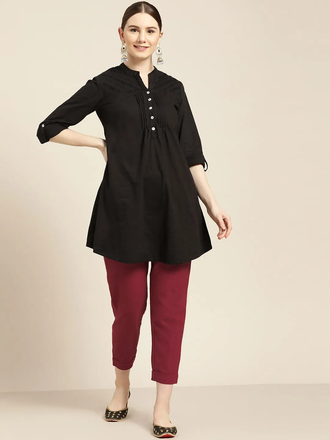 Maroon Cotton Slub Bottom-Fold Straight Pants