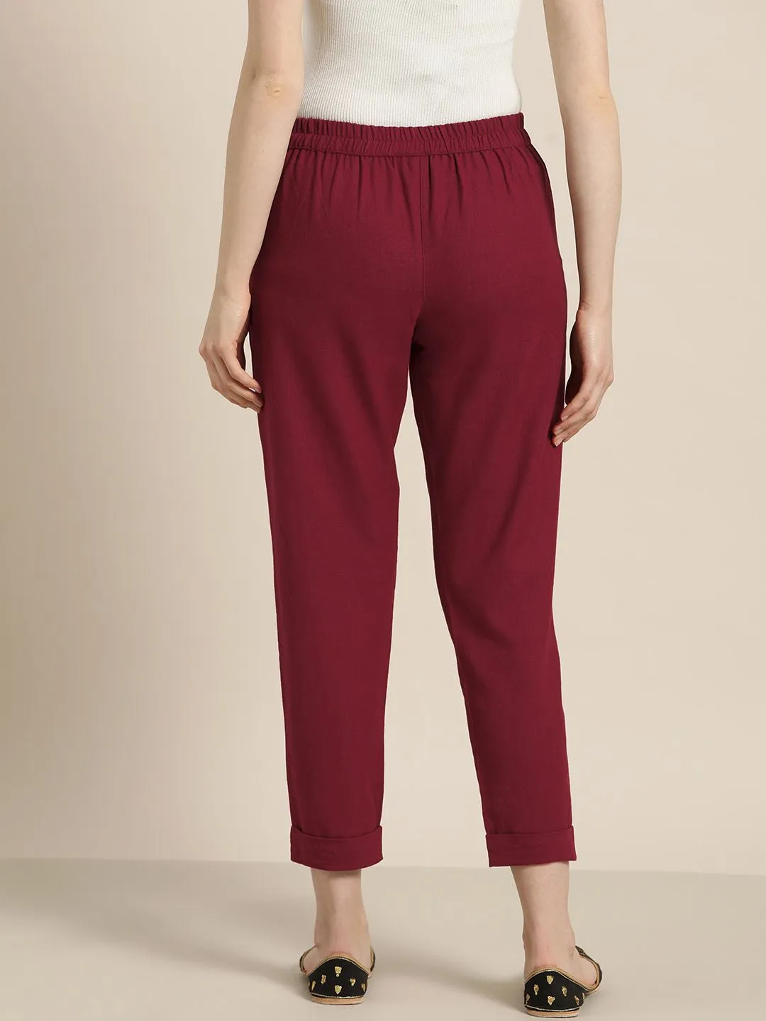 Maroon Cotton Slub Bottom-Fold Straight Pants