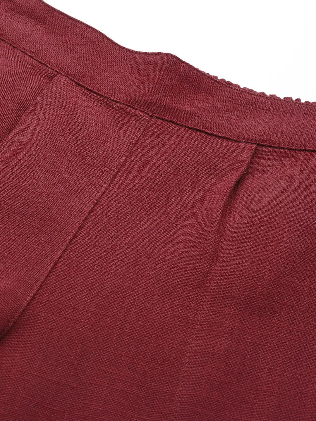 Maroon Cotton Slub Bottom-Fold Straight Pants
