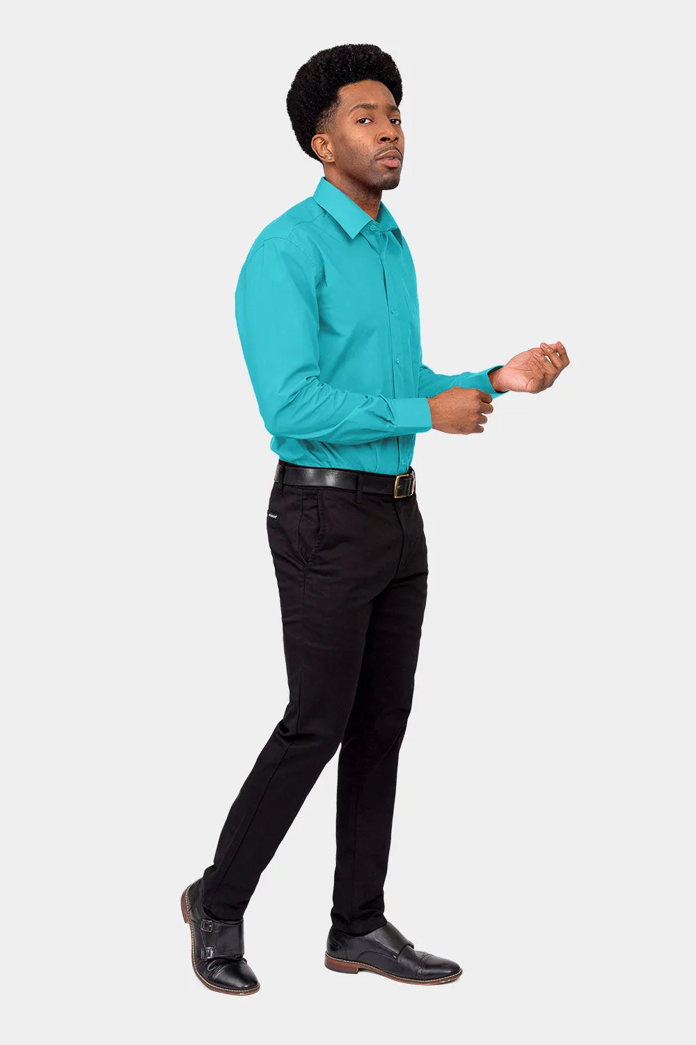 Men's Basic Solid Color Button Up Dress Shirt (Turquoise)