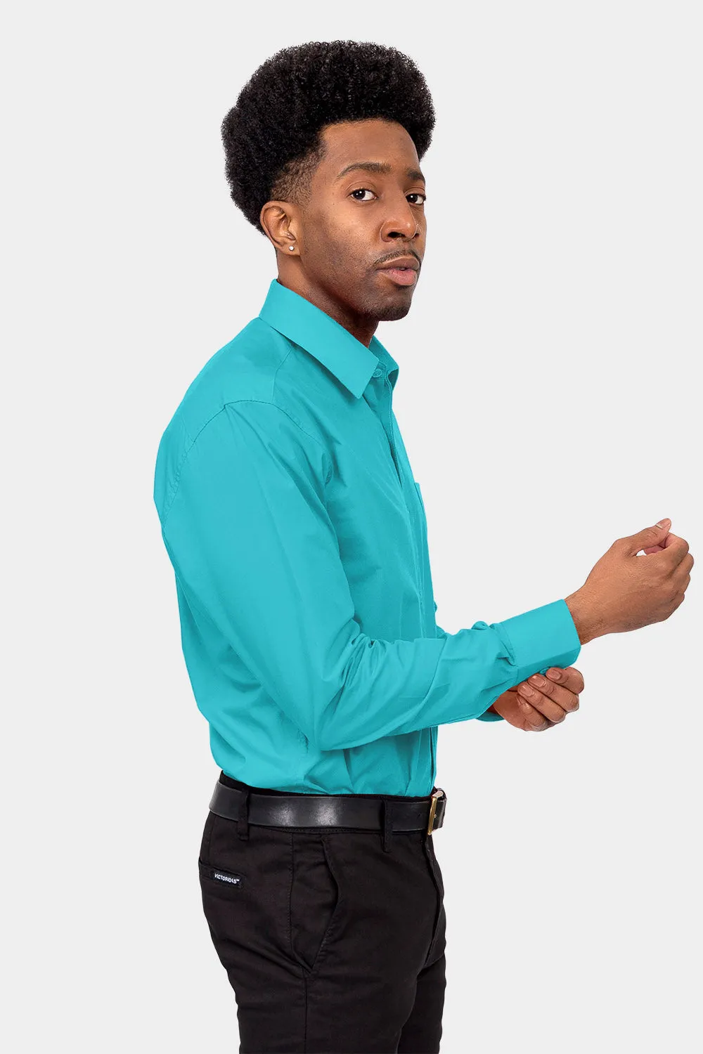 Men's Basic Solid Color Button Up Dress Shirt (Turquoise)