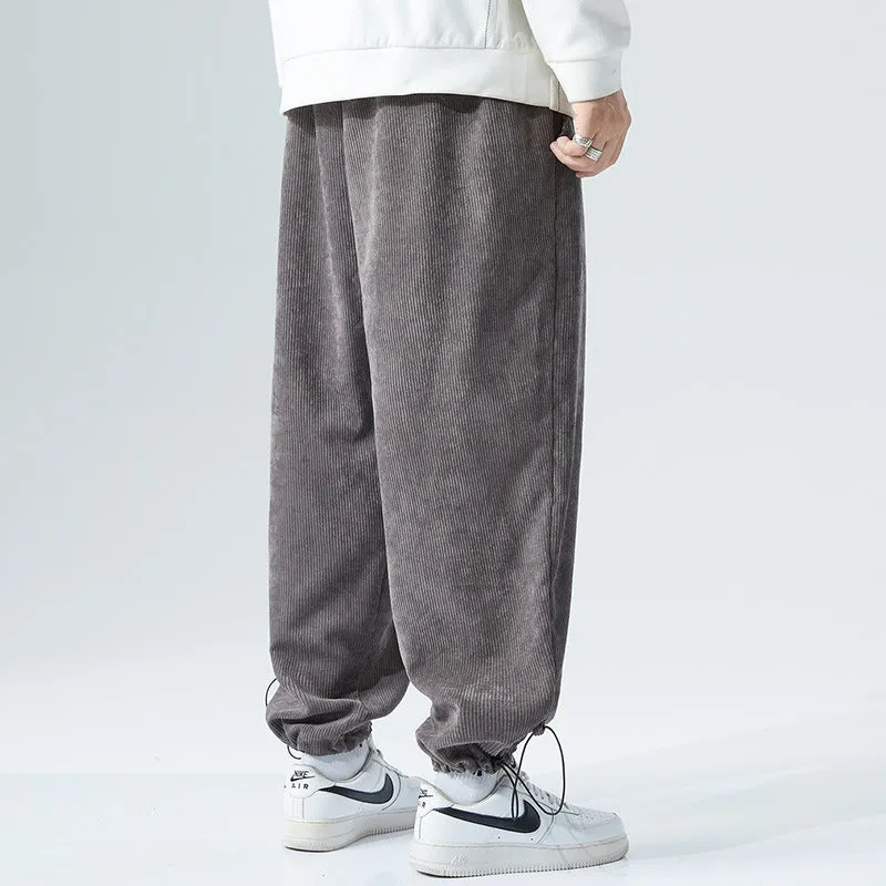 Mens Corduroy Pants Casual Pants Men's Pants Straight Elastic Ankle-Tied plus-Sized Size Fat Sports Pants