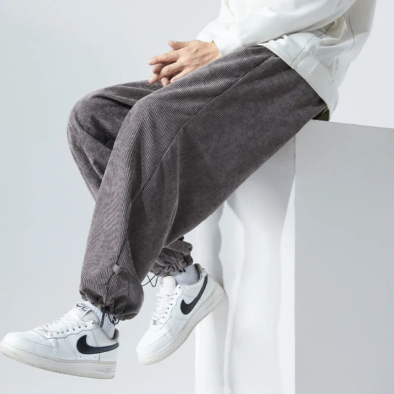 Mens Corduroy Pants Casual Pants Men's Pants Straight Elastic Ankle-Tied plus-Sized Size Fat Sports Pants