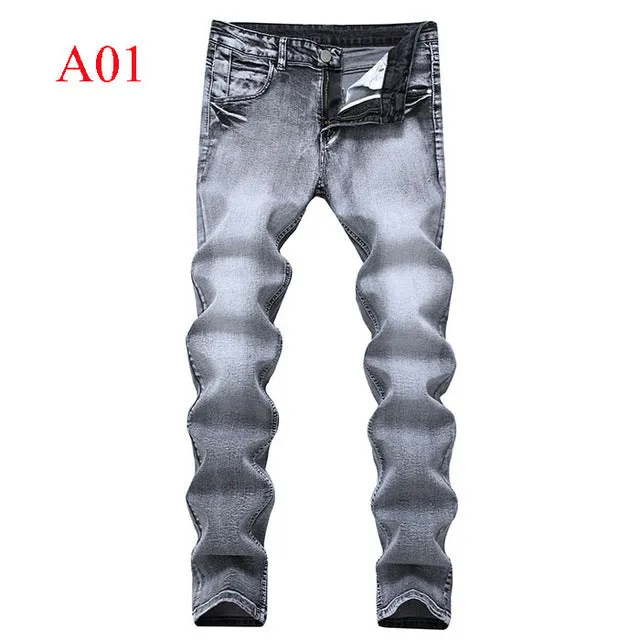 Men's Jeans Classis Vintage Grey Slim Fit Straight Denim Jeans Male Casual Long Pants Retro Trousers