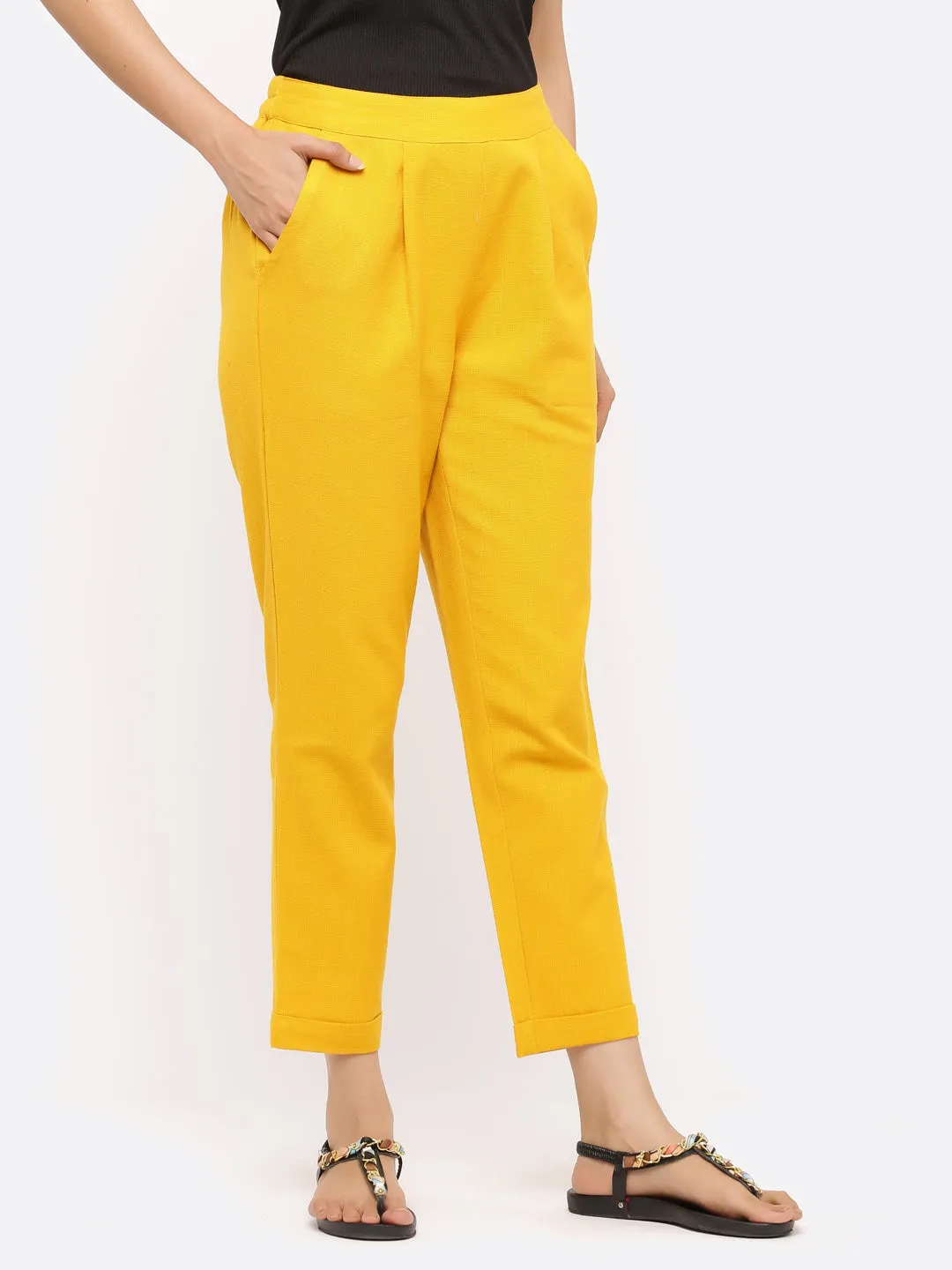 Mustard Cotton Slub Bottom-Fold Straight Pants