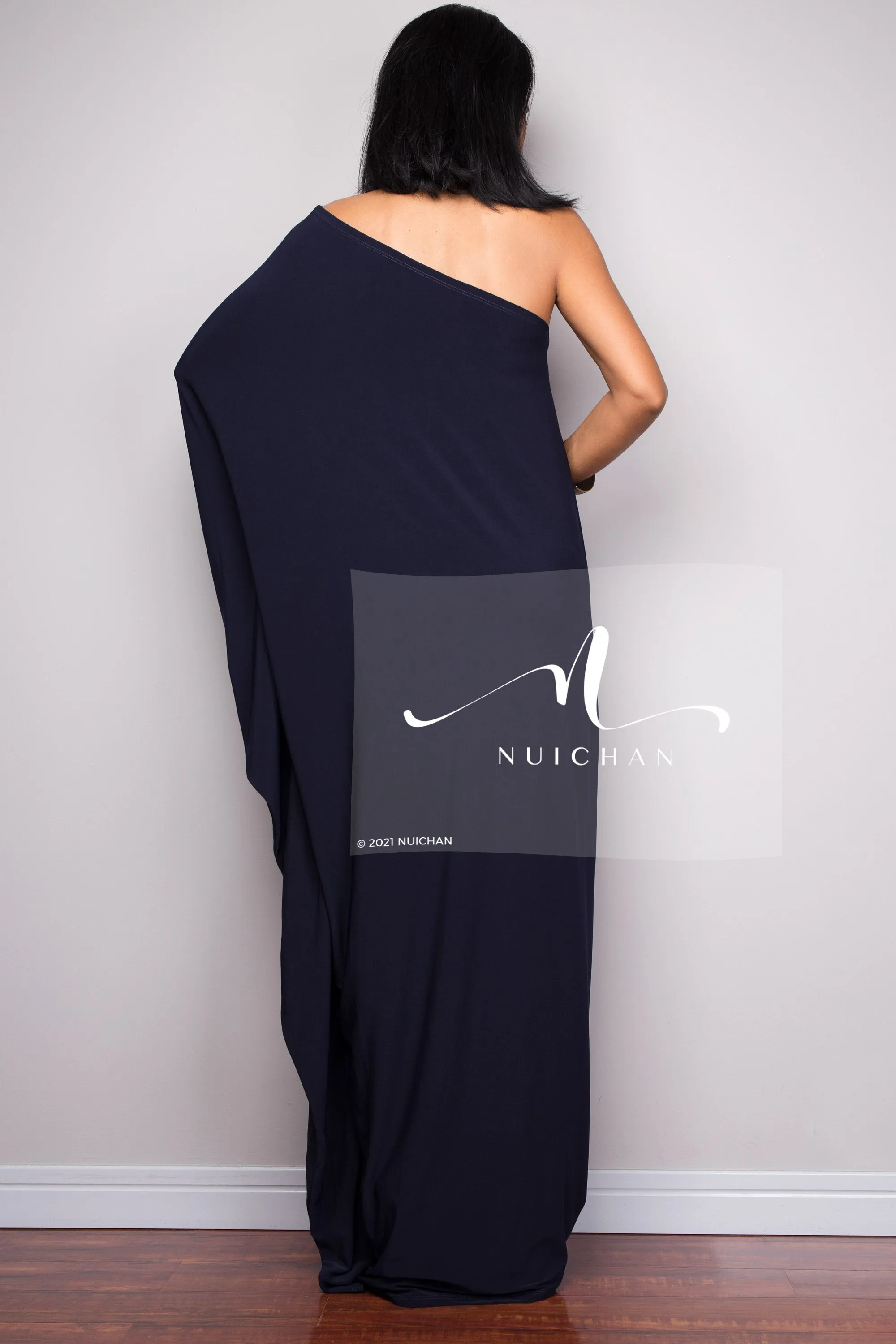 Navy blue one shoulder kaftan dress
