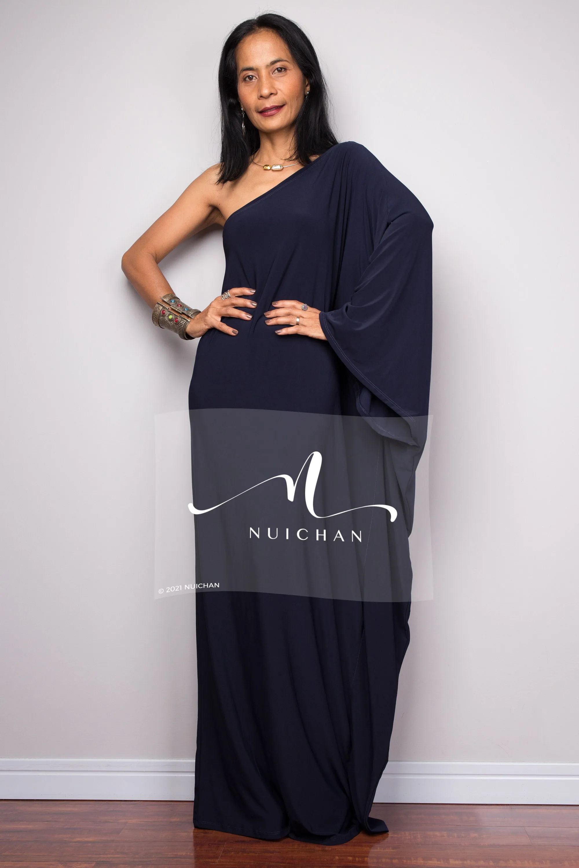 Navy blue one shoulder kaftan dress