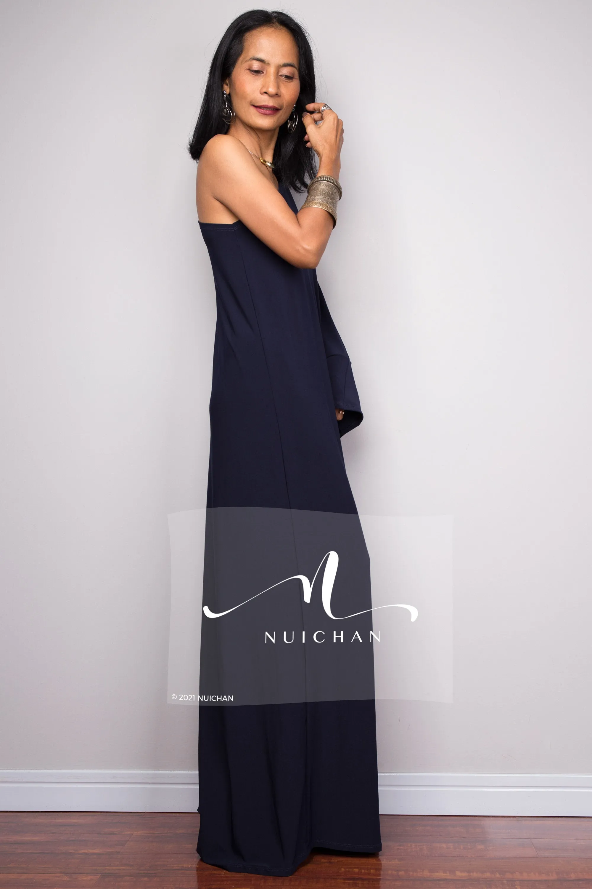 Navy blue one shoulder kaftan dress