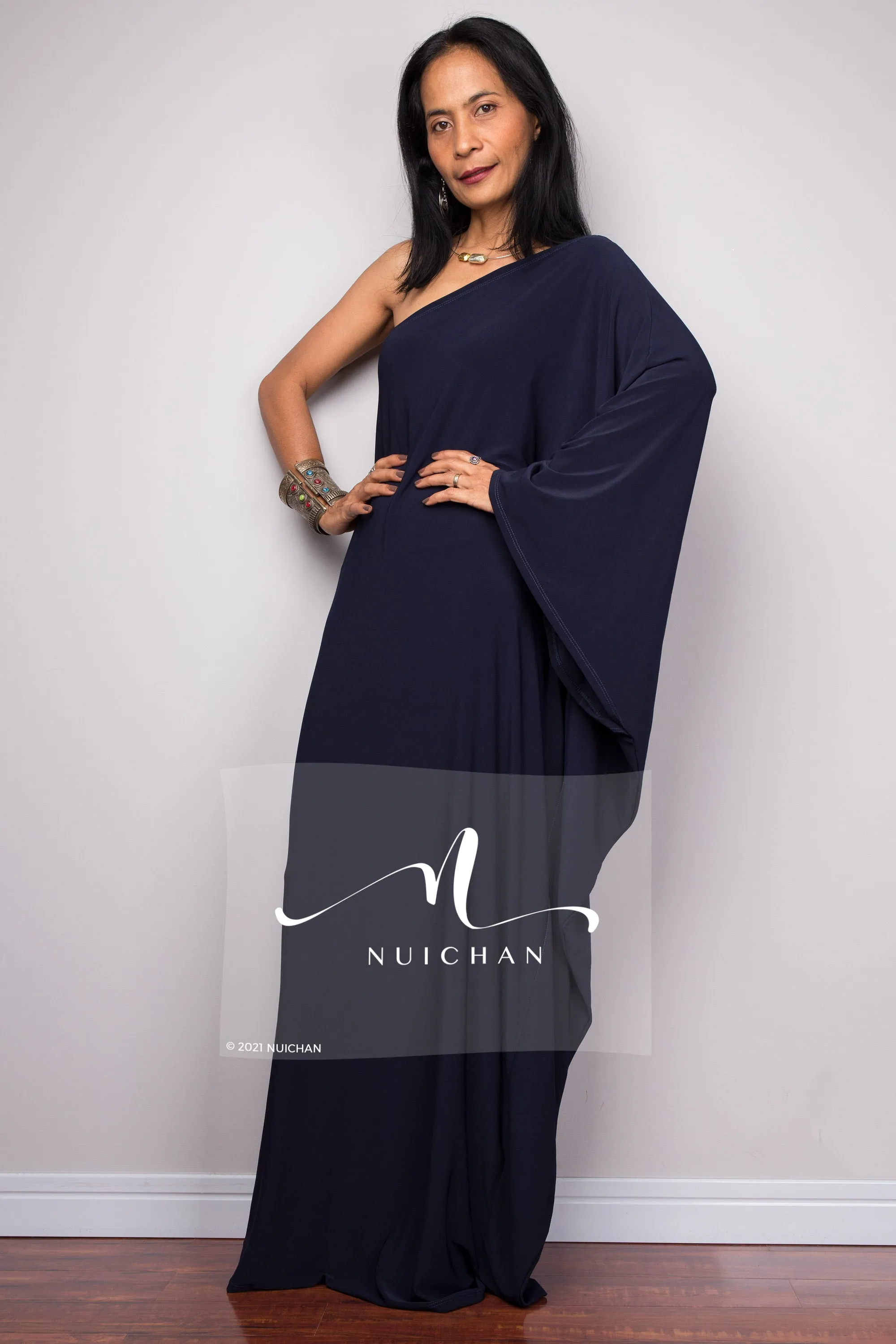 Navy blue one shoulder kaftan dress