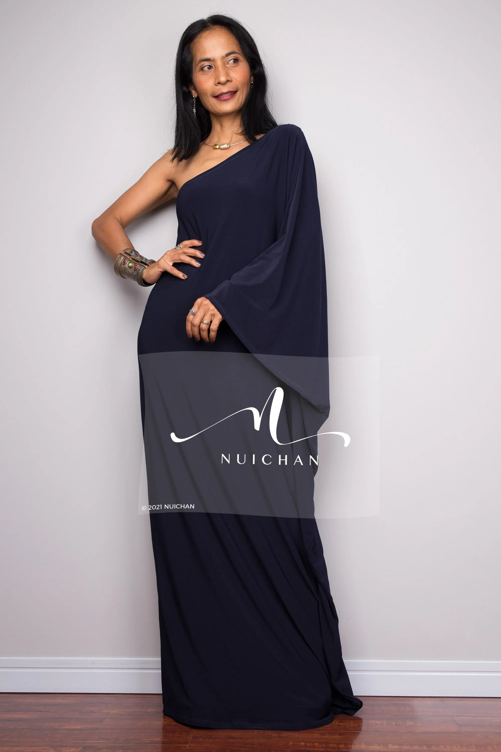 Navy blue one shoulder kaftan dress