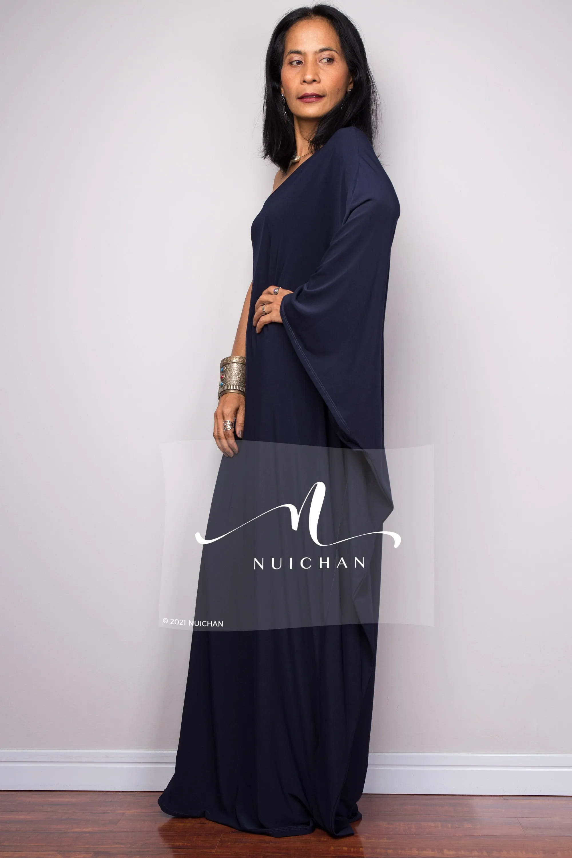 Navy blue one shoulder kaftan dress
