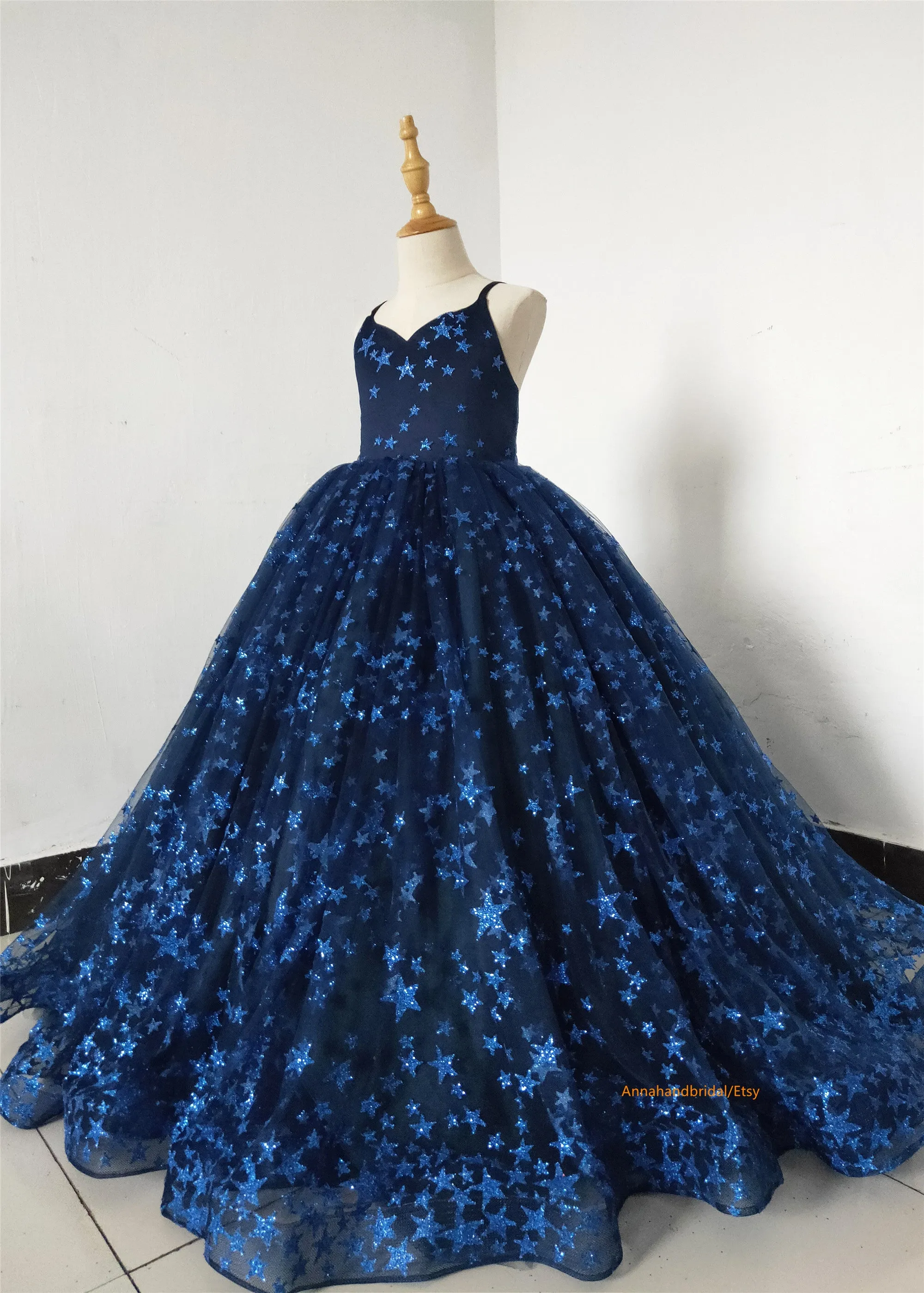 Navy Blue Sparkle Tulle Girls Pageant Dress