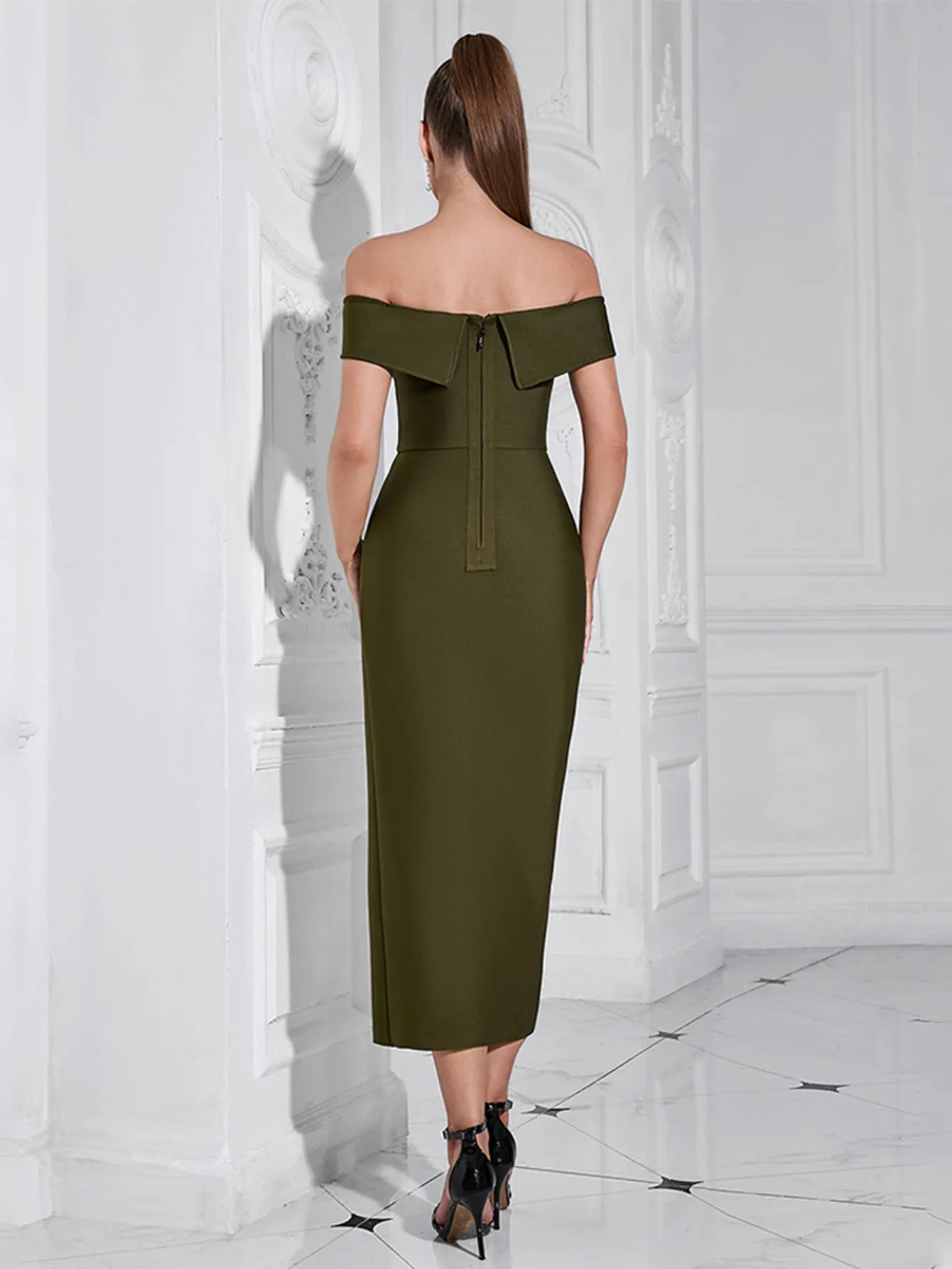 Off Shoulder Side Slit Midi Bandage Formal Dress