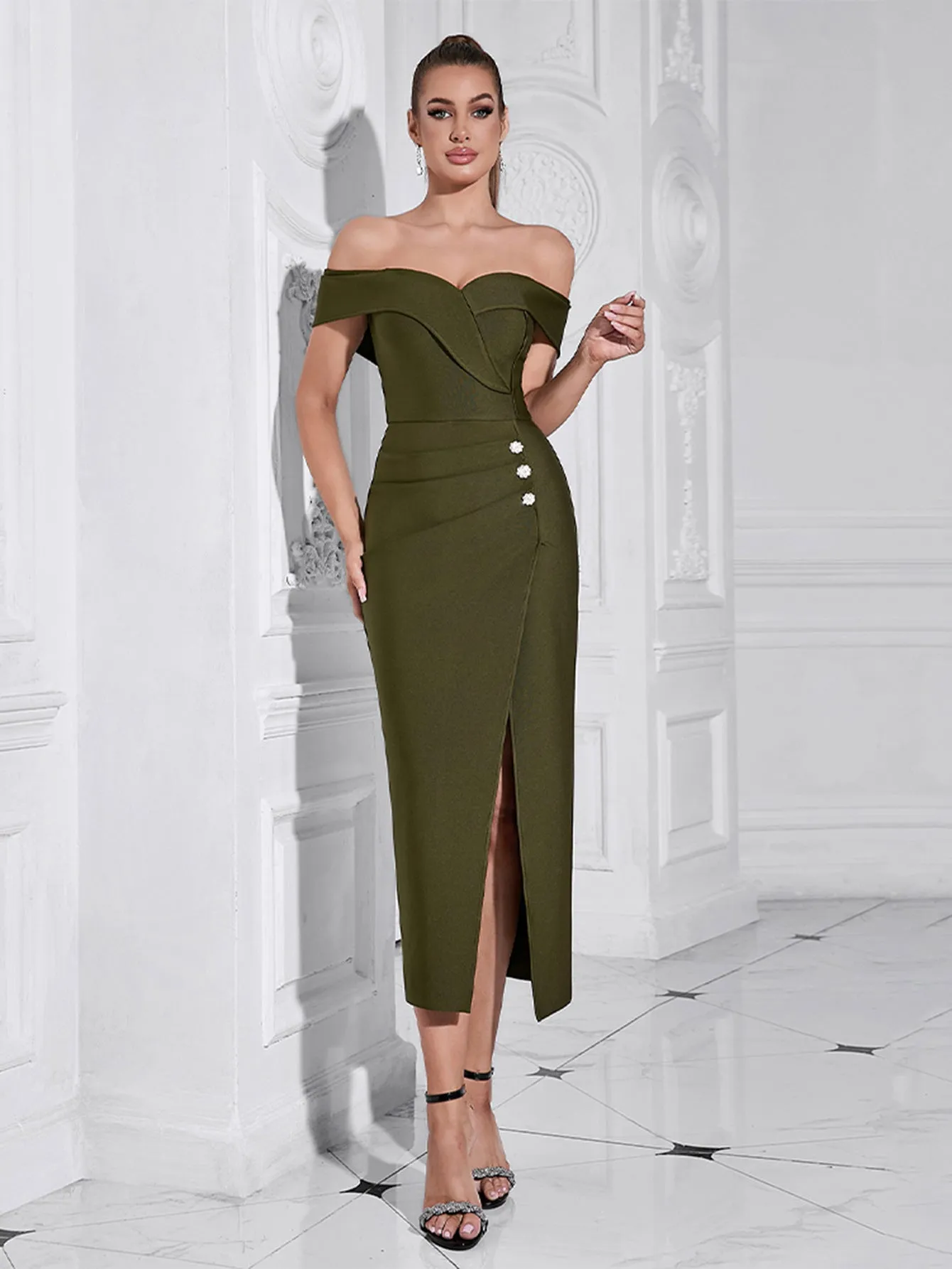 Off Shoulder Side Slit Midi Bandage Formal Dress