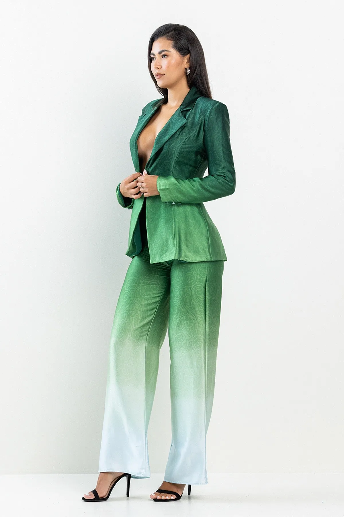 Ombre Print Satin Blazer & Pants SET
