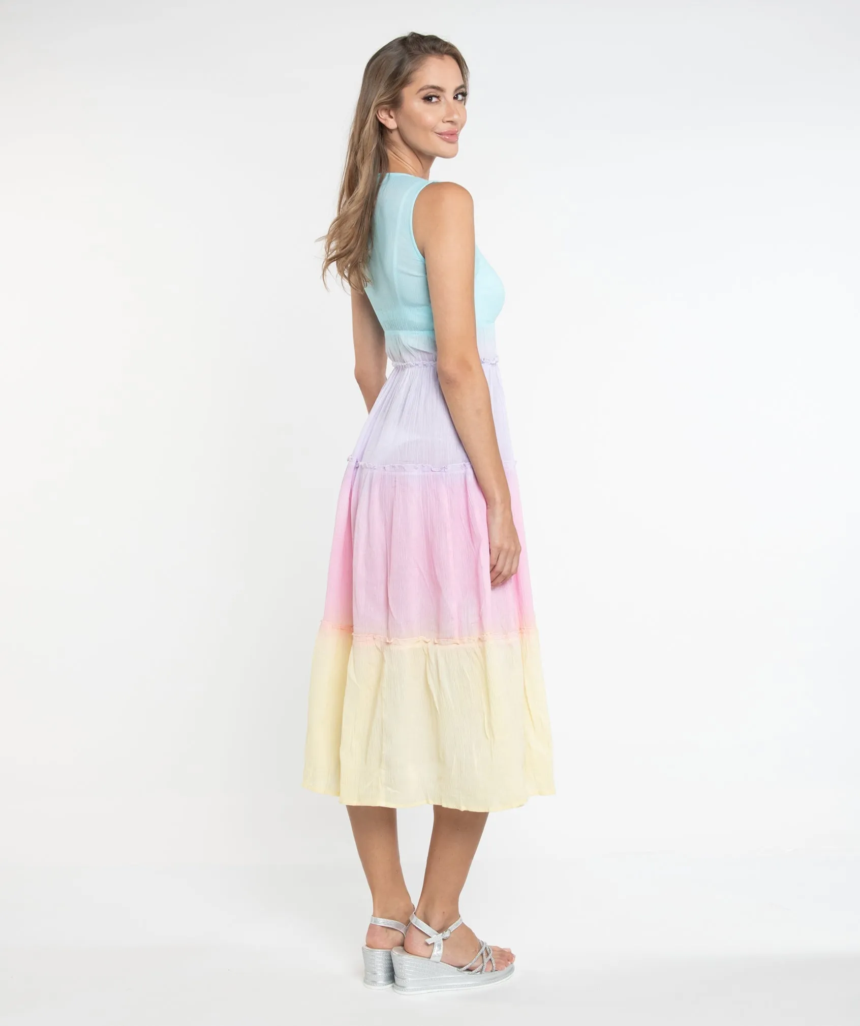 Pastel Rainbow Crinkle Cotton Midi Sun Dress