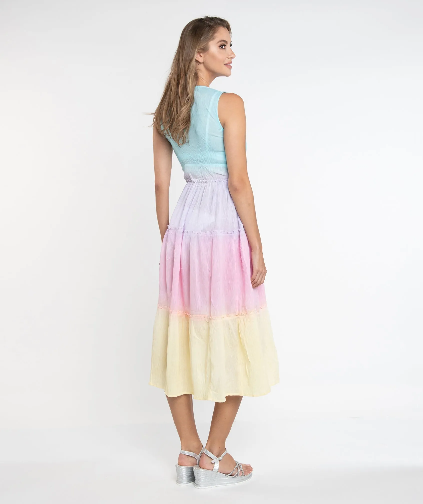 Pastel Rainbow Crinkle Cotton Midi Sun Dress