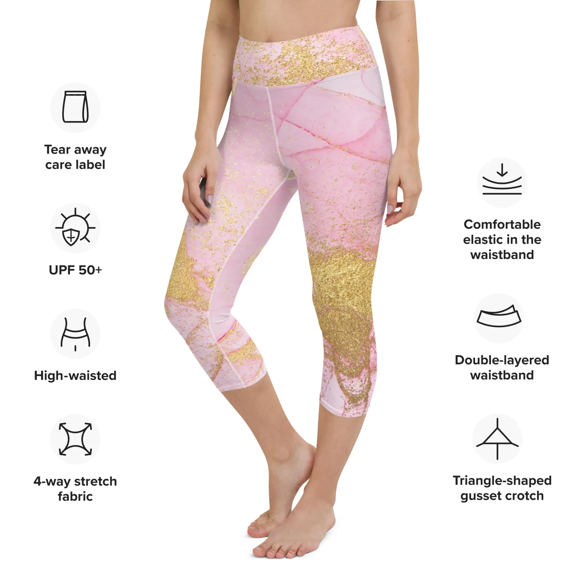 Pink and Gold Marble Yoga Capri Leggings | Exercise Capri Leggings, lioness-love