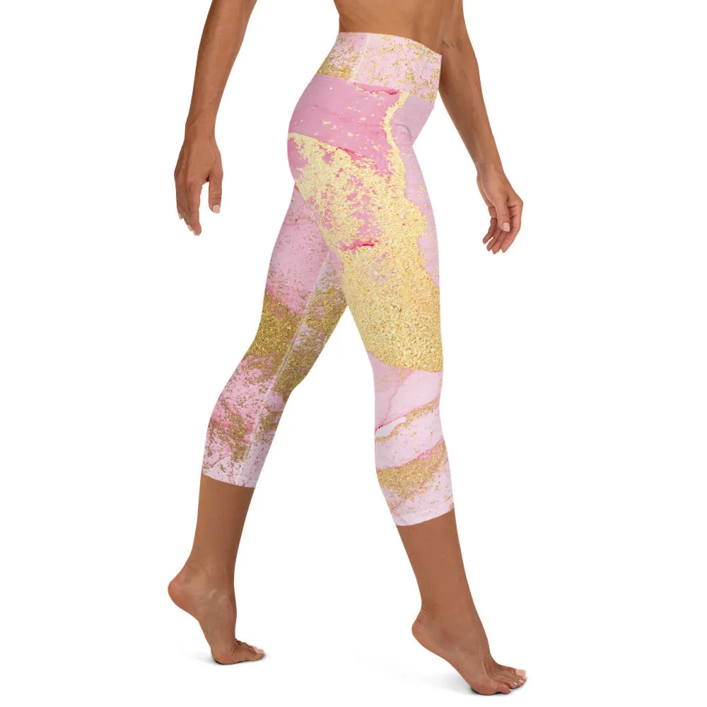 Pink and Gold Marble Yoga Capri Leggings | Exercise Capri Leggings, lioness-love