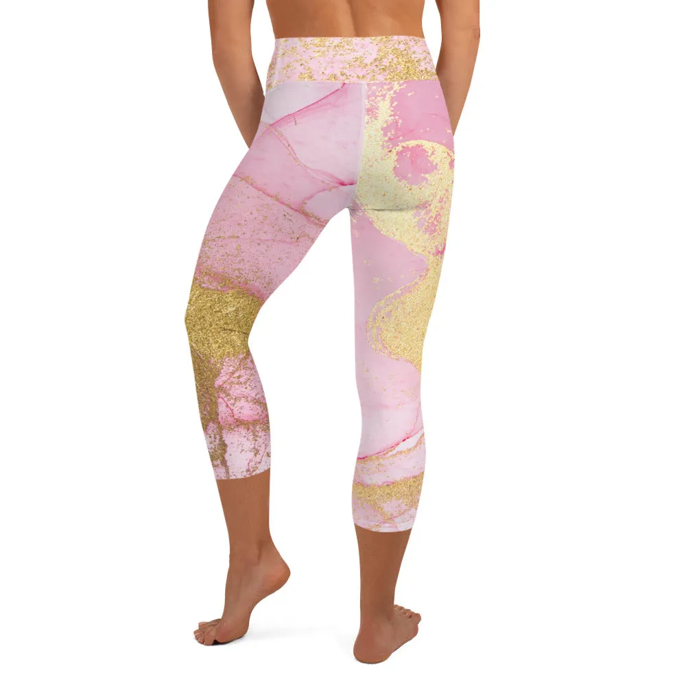 Pink and Gold Marble Yoga Capri Leggings | Exercise Capri Leggings, lioness-love
