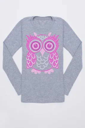 Pink Owl Cute Fall Gray Long Sleeve Tee - Girls