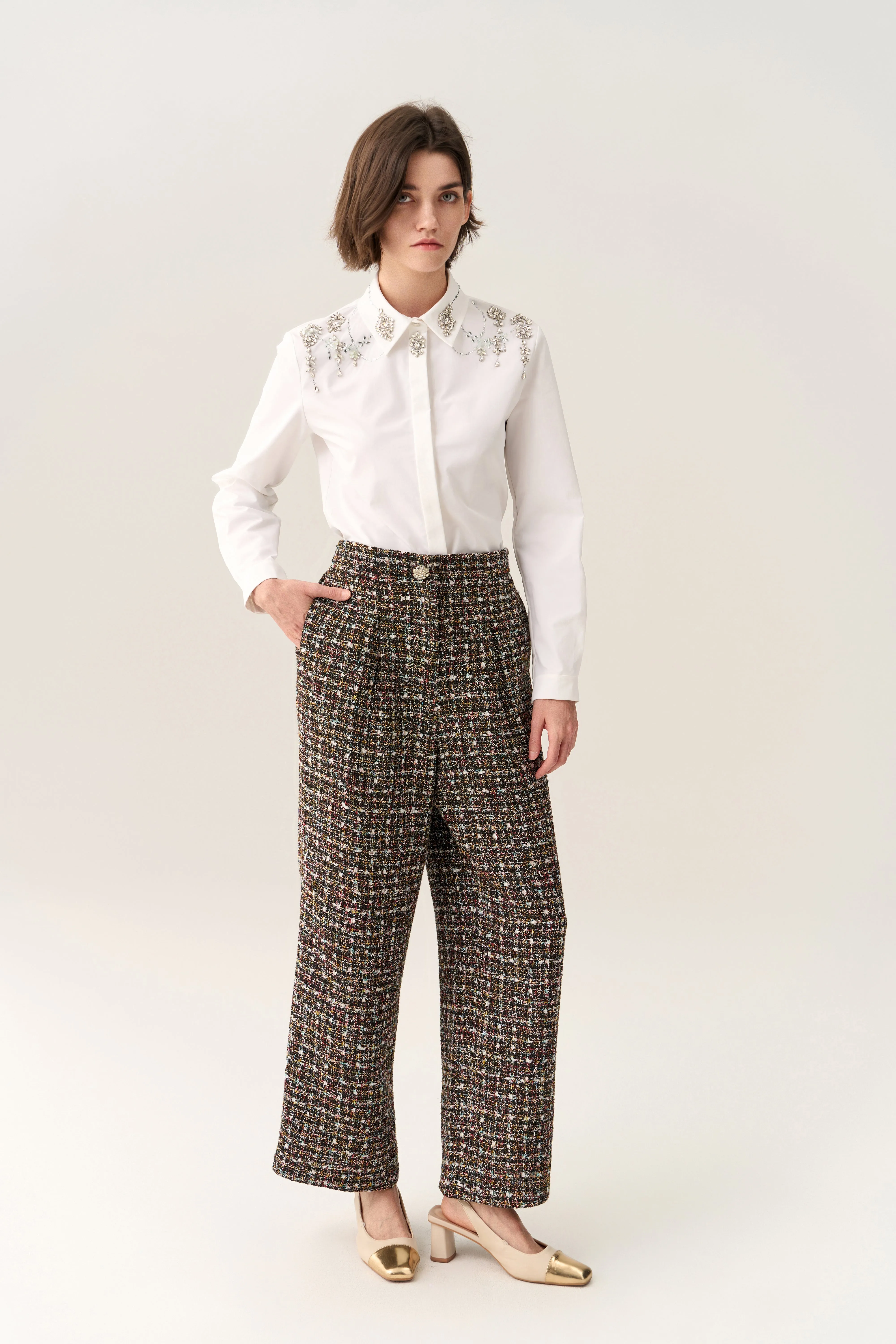 Pleat-detail Wide-leg Tweed Trousers