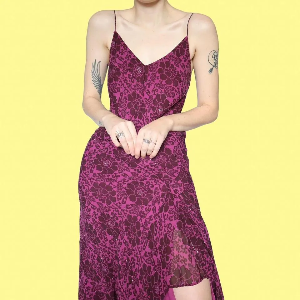 Purple 100% silk floral midi dress UK 12