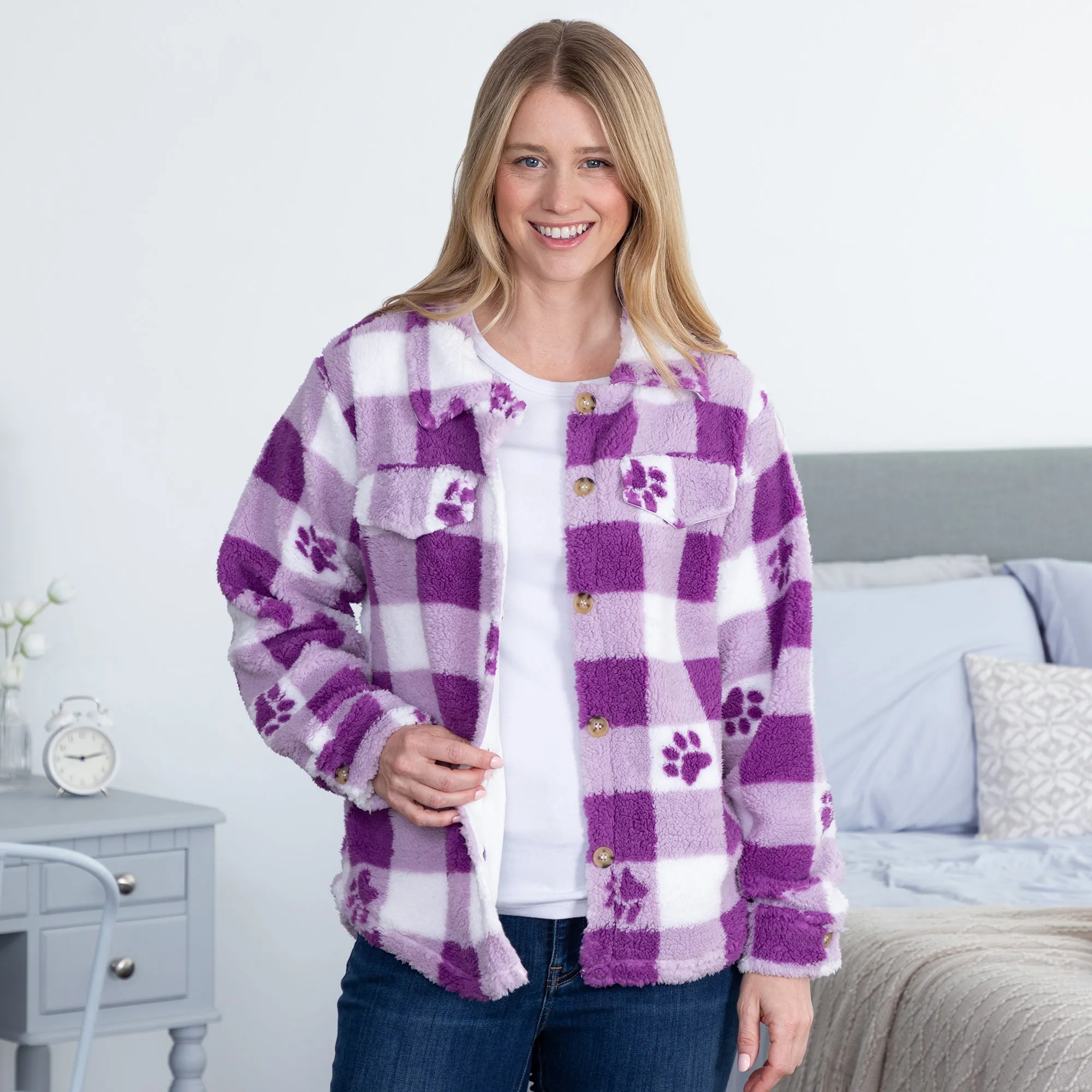 Purple Paws & Plaid Plush Sherpa Fleece Sweater Jacket