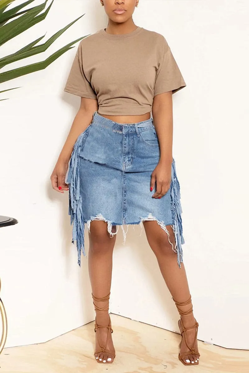QB135 Distressed Denim Short Skirt