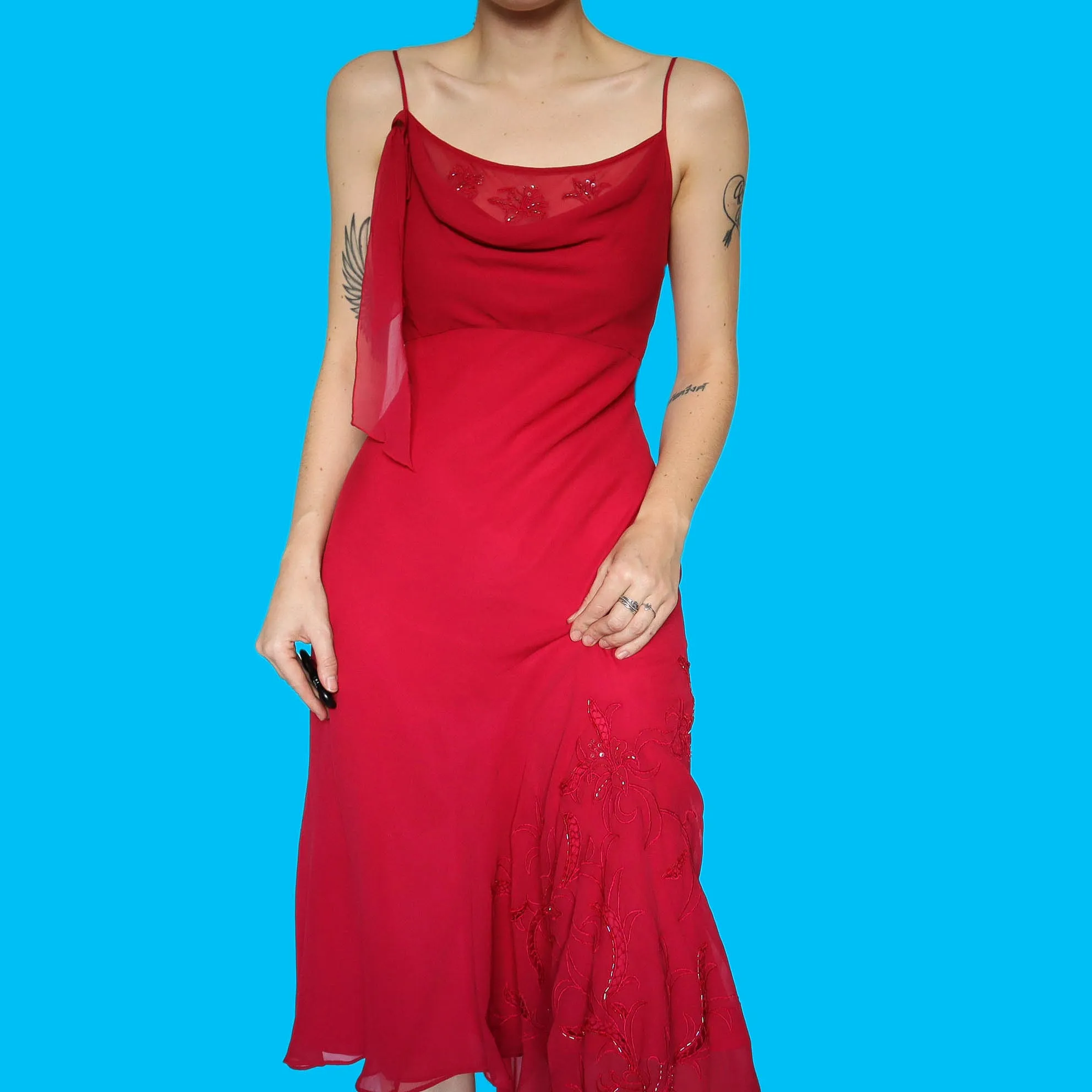 Red 100% silk slip midi dress UK 12
