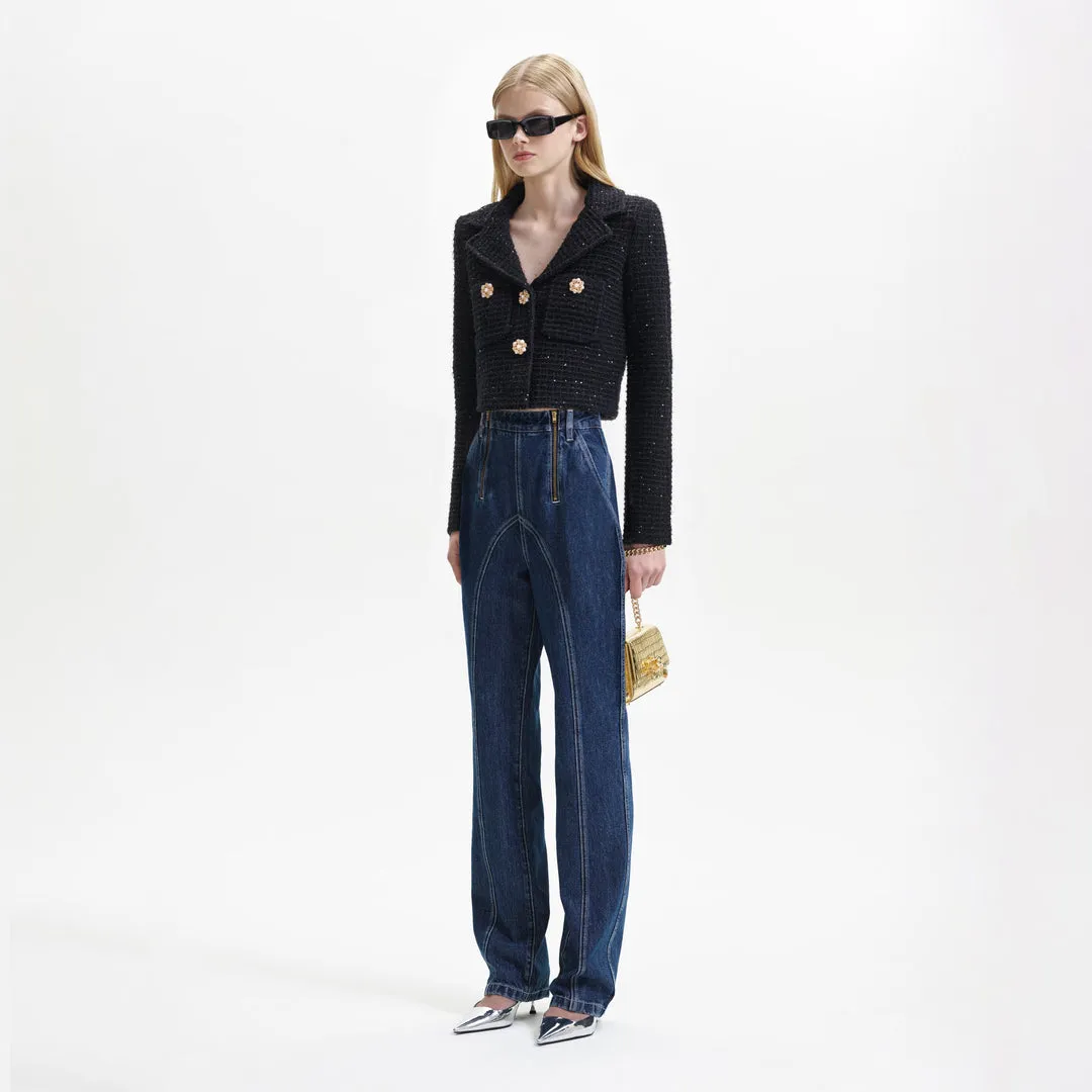 Sequin Textured Knit Jacket Black - Self-Portrait