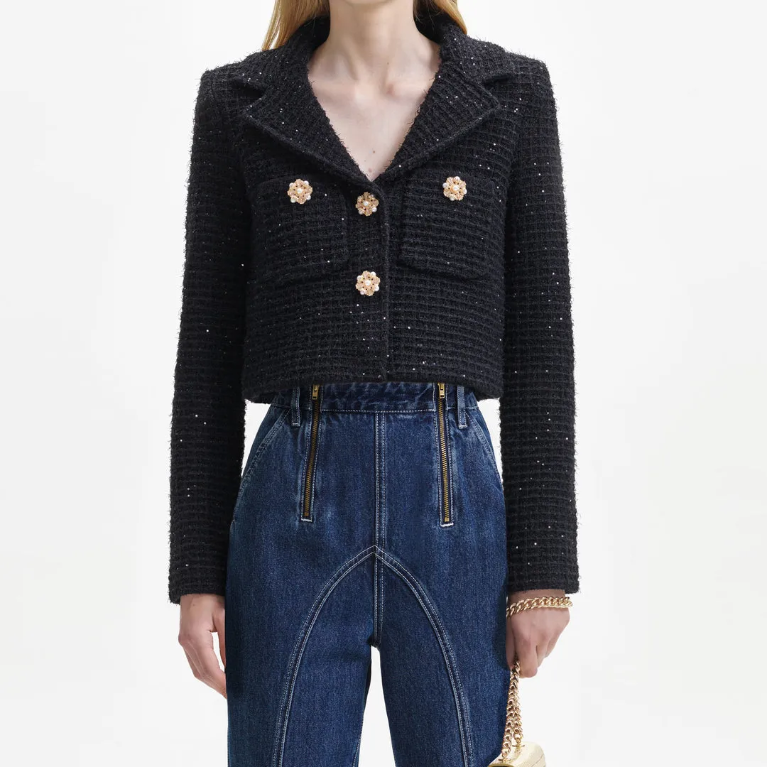Sequin Textured Knit Jacket Black - Self-Portrait