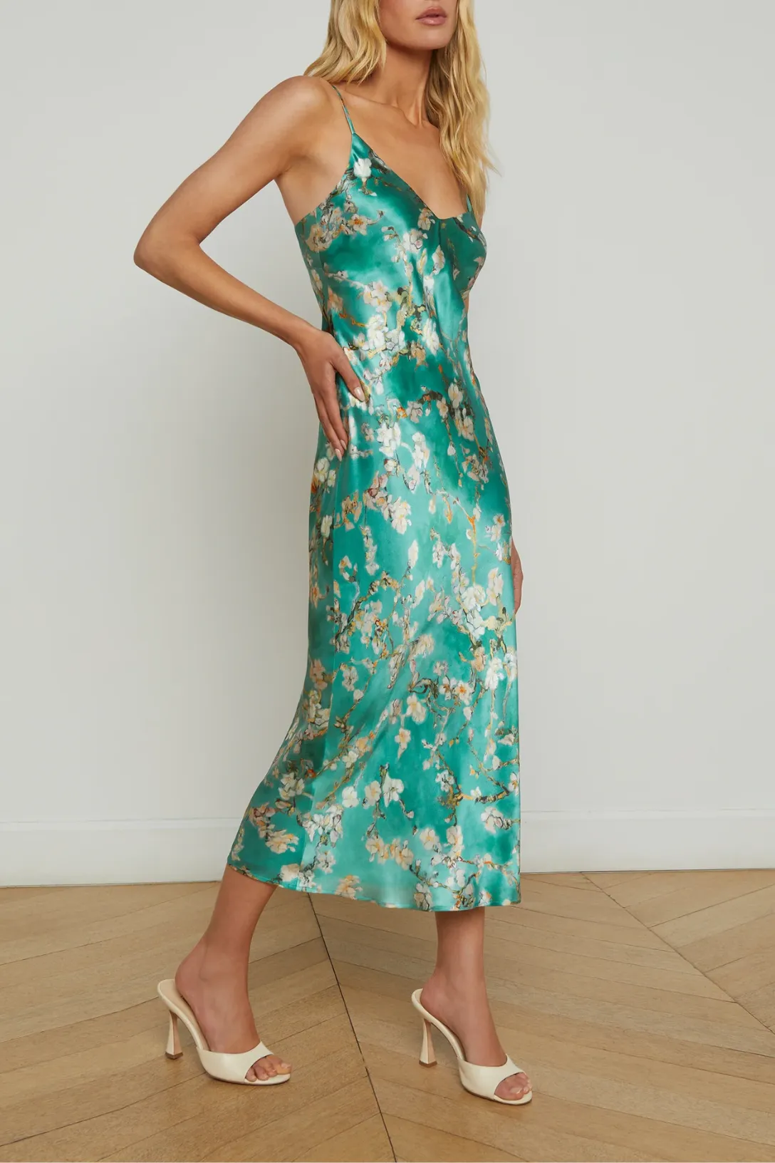 Seridie Silk Slip Dress | Teal Multi Watercolor Cherry Blossom