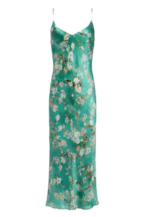 Seridie Silk Slip Dress | Teal Multi Watercolor Cherry Blossom