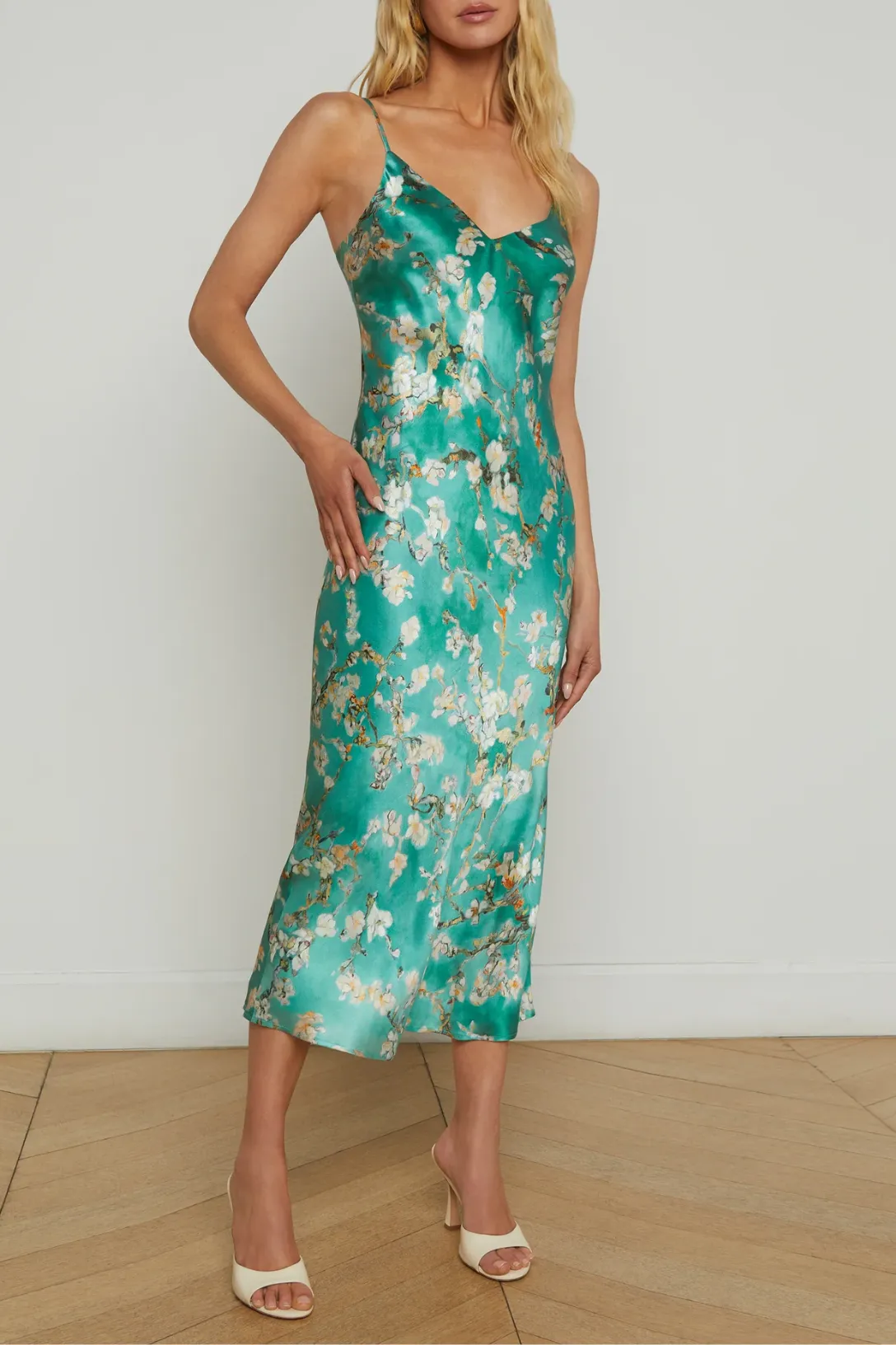 Seridie Silk Slip Dress | Teal Multi Watercolor Cherry Blossom