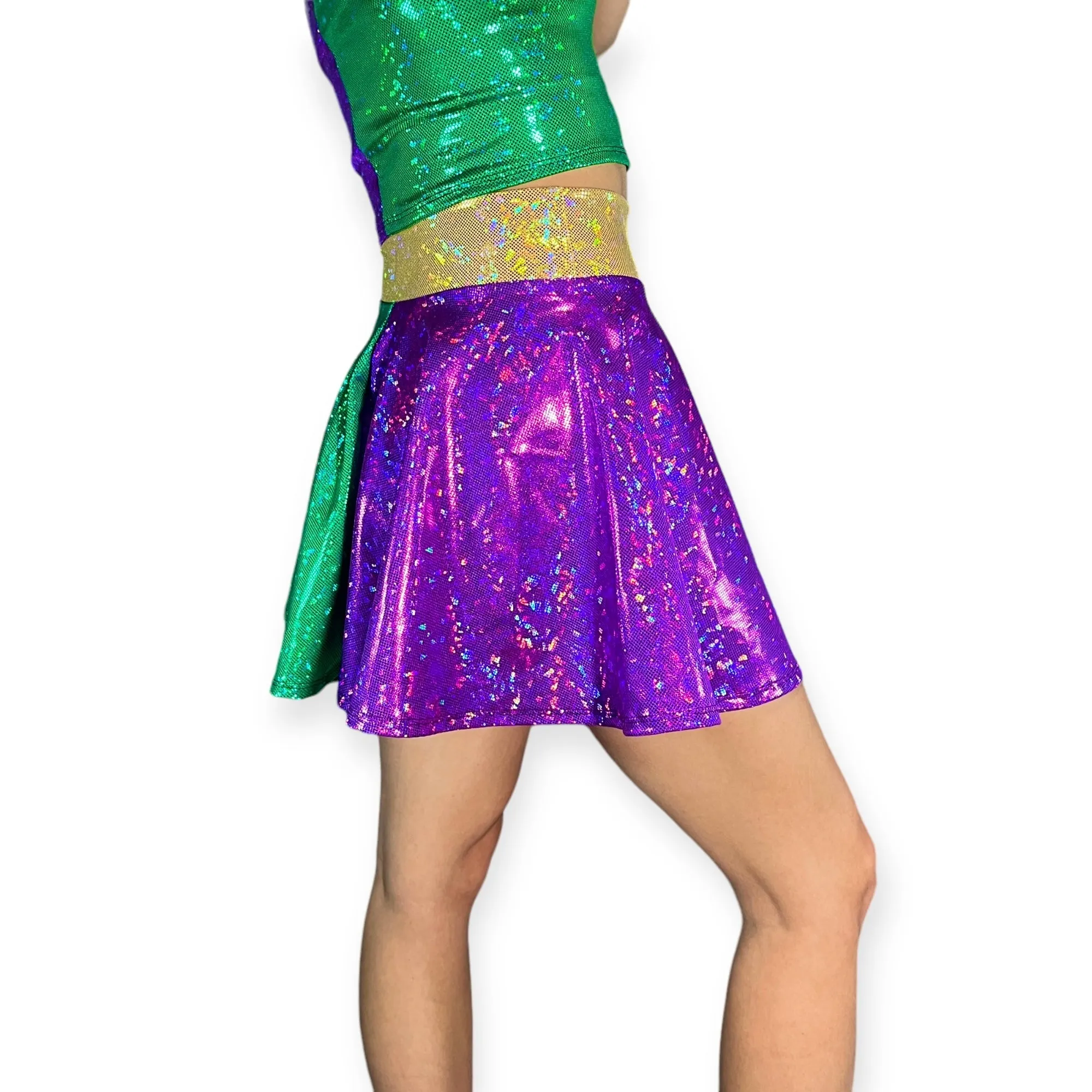 Skater Skirt - Mardi Gras Purple, Green, and Gold Holographic
