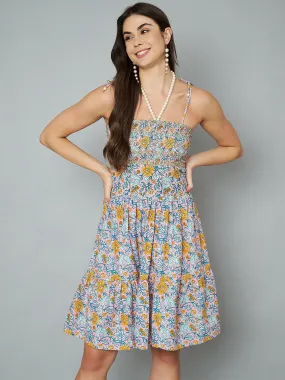 Smocking Floral Cotton Flared Dress for Women