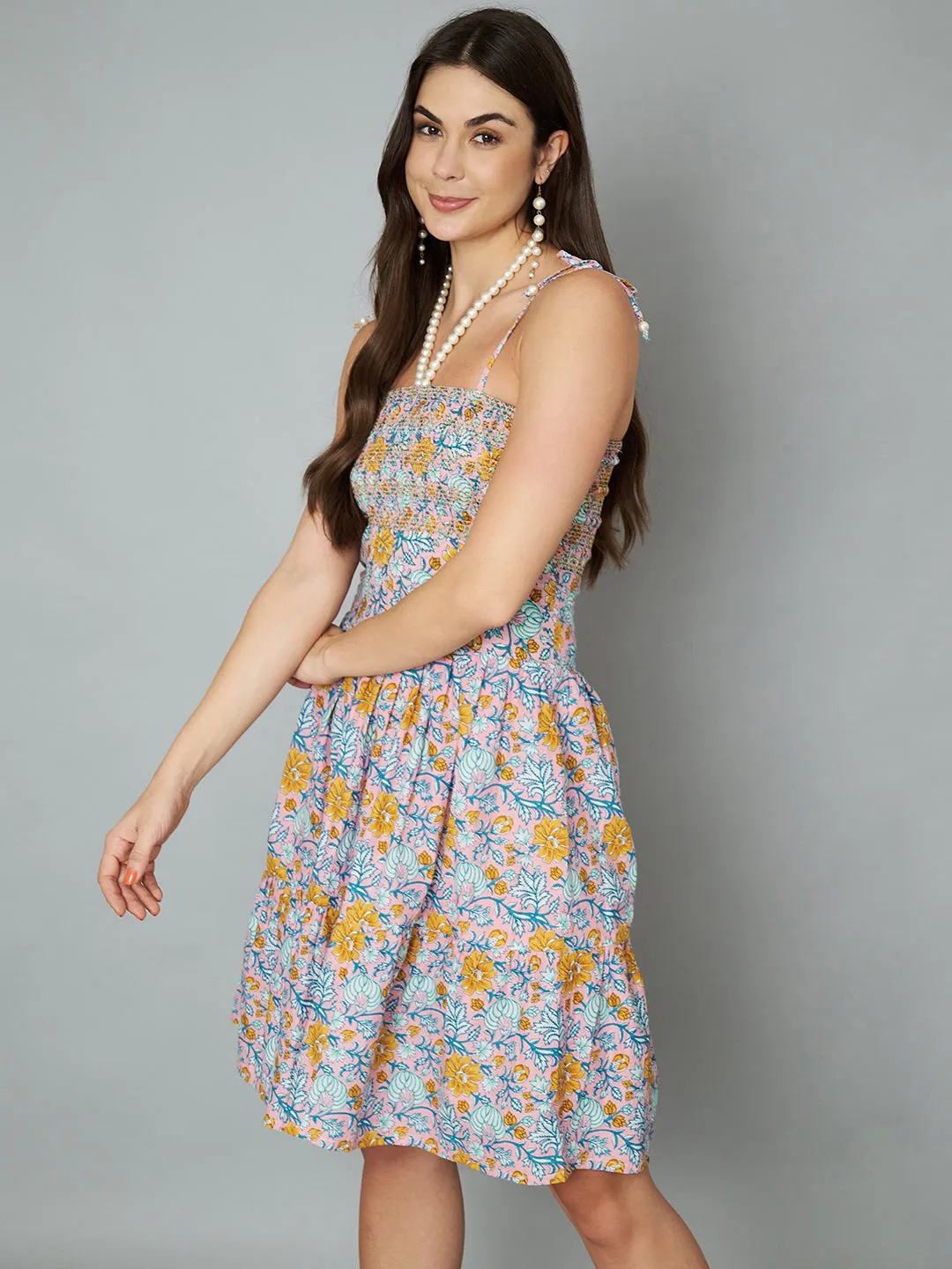 Smocking Floral Cotton Flared Dress for Women