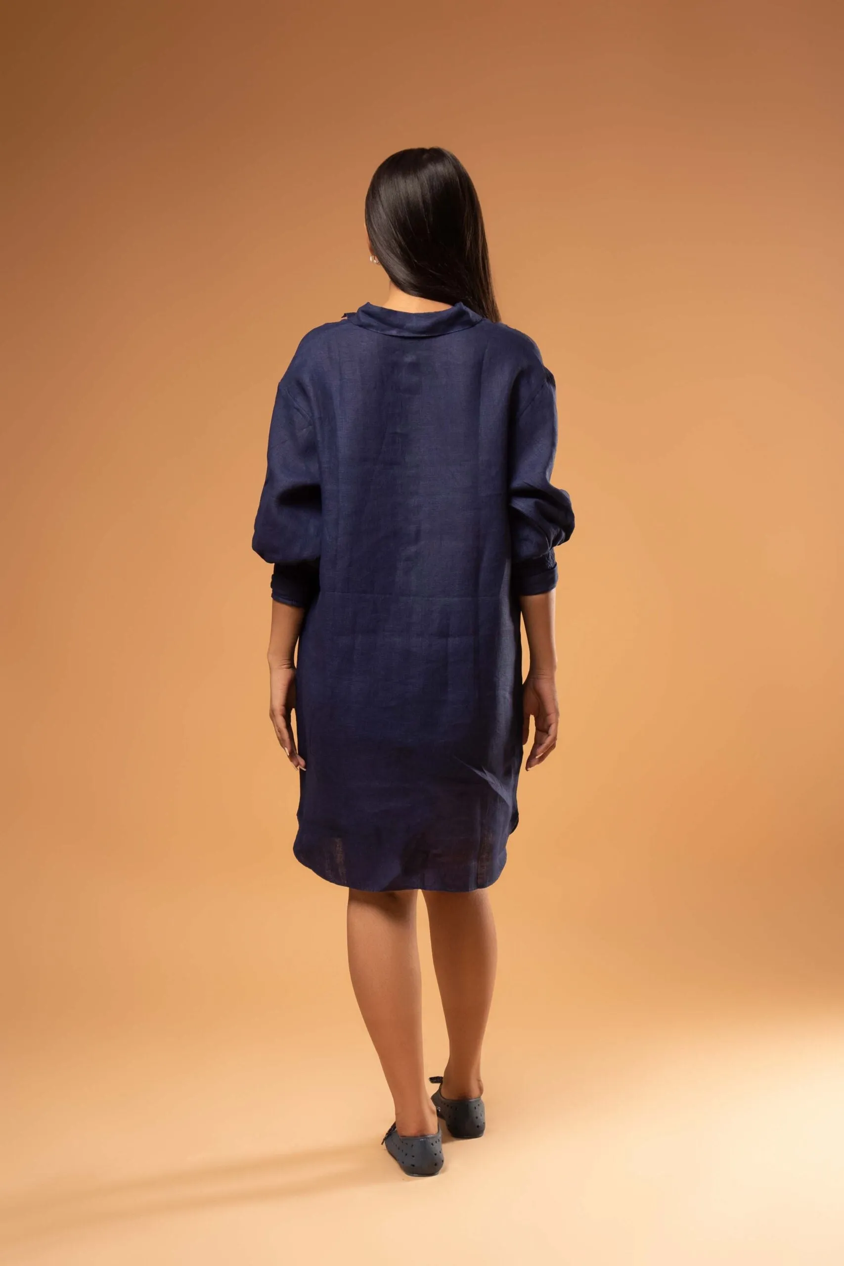 Smoked Cuff Shirt Dress In Navy Blue