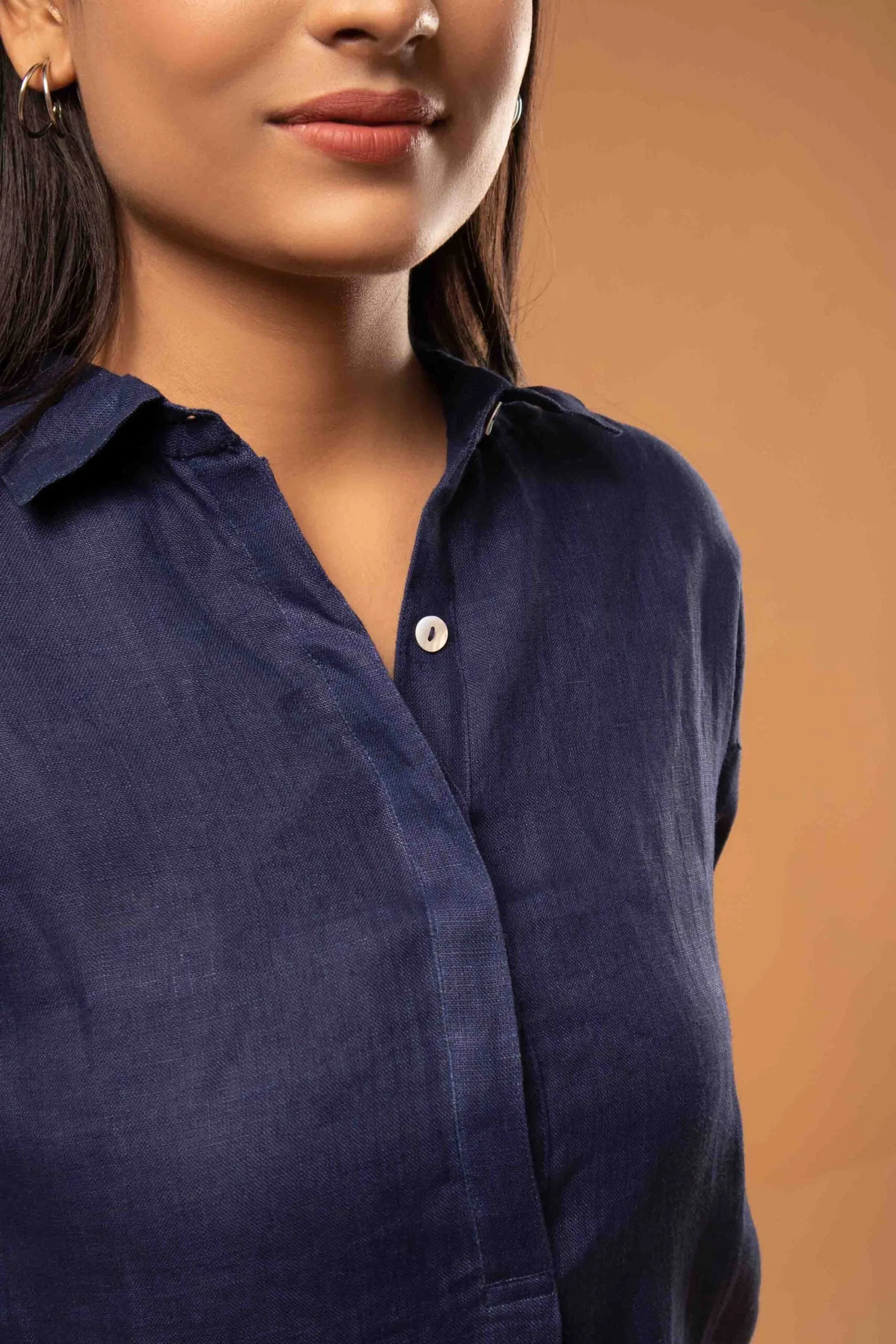Smoked Cuff Shirt Dress In Navy Blue