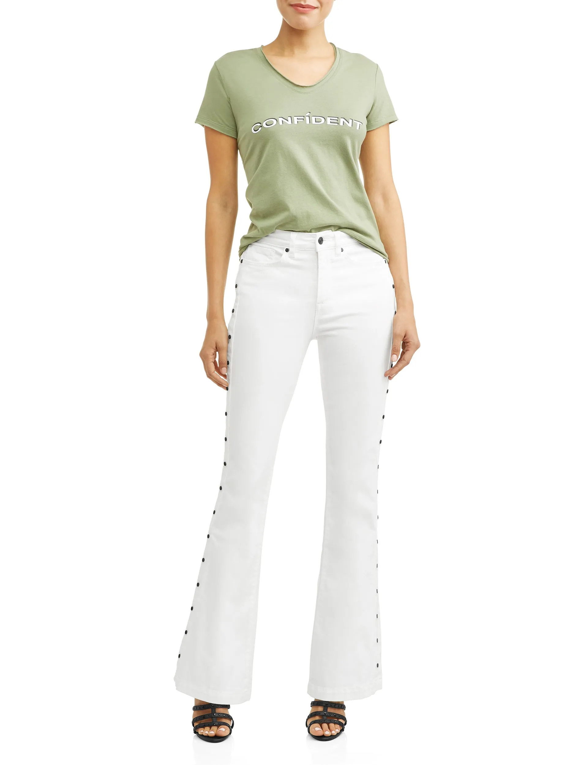 Studded Sides High Waist Stretch Flare Jean Women's (White)